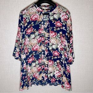 Umgee Floral Flowy Oversized Multicolored Top Eyelet Closure Bell Sleeves S
